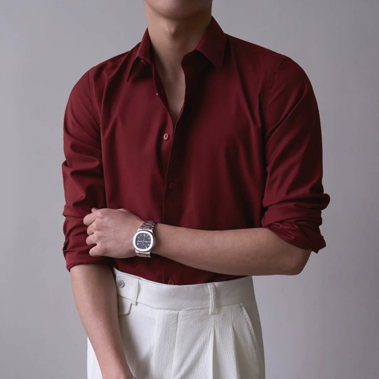 轻熟风红色衬衫男高级感修身长袖