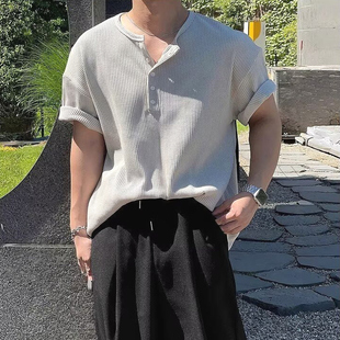 慵懒风华夫格亨利衫 男松弛肌理感宽松短袖 t恤半开扣门襟领polo衫