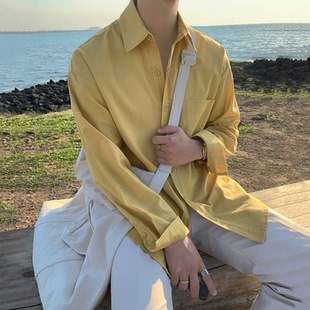 休闲工装 慵懒风棉麻衬衫 松弛感口袋款 vintage黄色长袖 衬衣 男美式