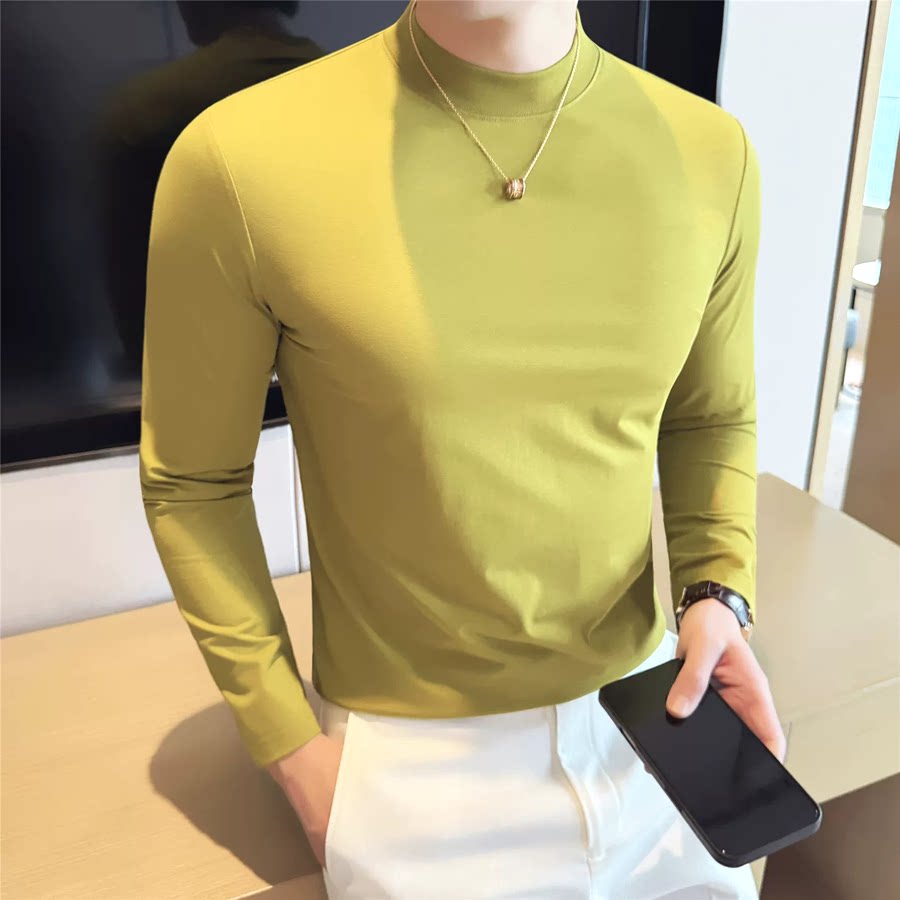 轻熟风半高领t恤男冰丝莫代尔紧身弹力长袖丝滑速干内搭打底衫潮