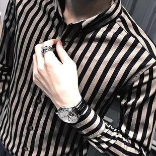 复古休闲工装 欧洲站粗条纹衬衫 美式 长袖 衬衣西服打底 男高级感修身