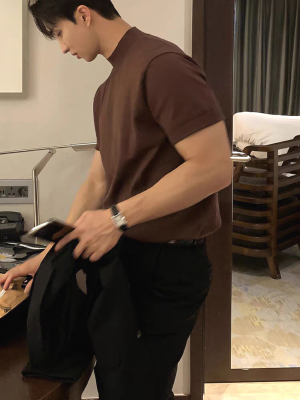 小高领紧身衣肌肉男丝光棉短袖