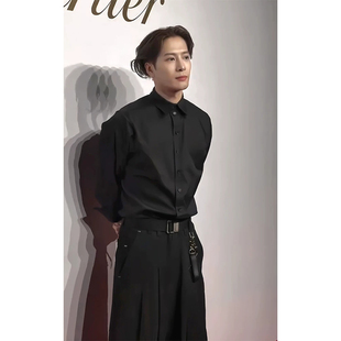 王嘉尔同款黑色长袖衬衫男款英伦雅痞高级感西装内搭打底衬衣外套