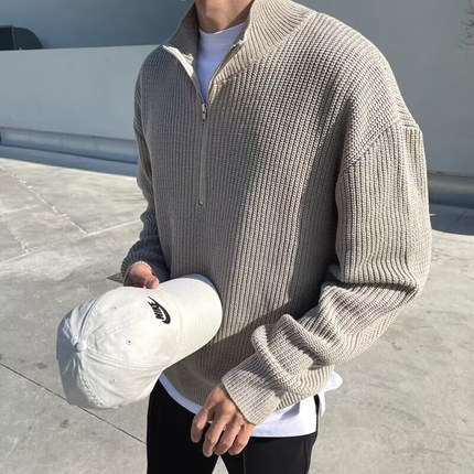 半拉链小高领针织衫男潮牌宽松长袖卫衣美式休闲百搭套头毛衣外套