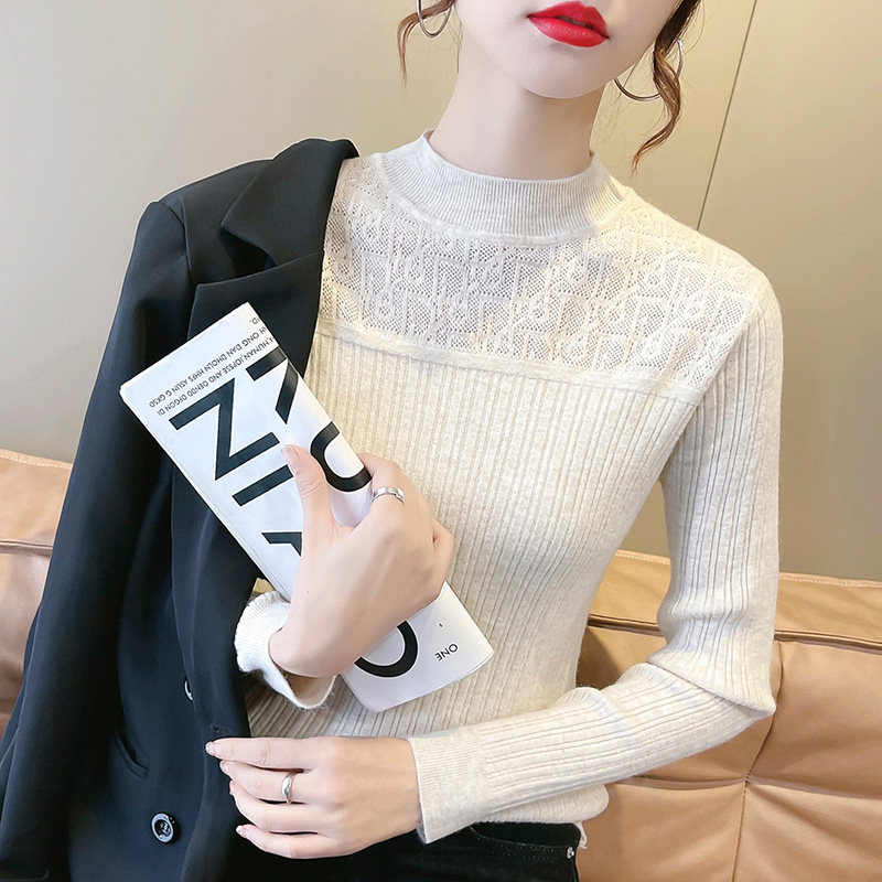2023秋冬新款性感弹力打底衫女毛衣半高领修身内搭蕾丝针织衫上衣