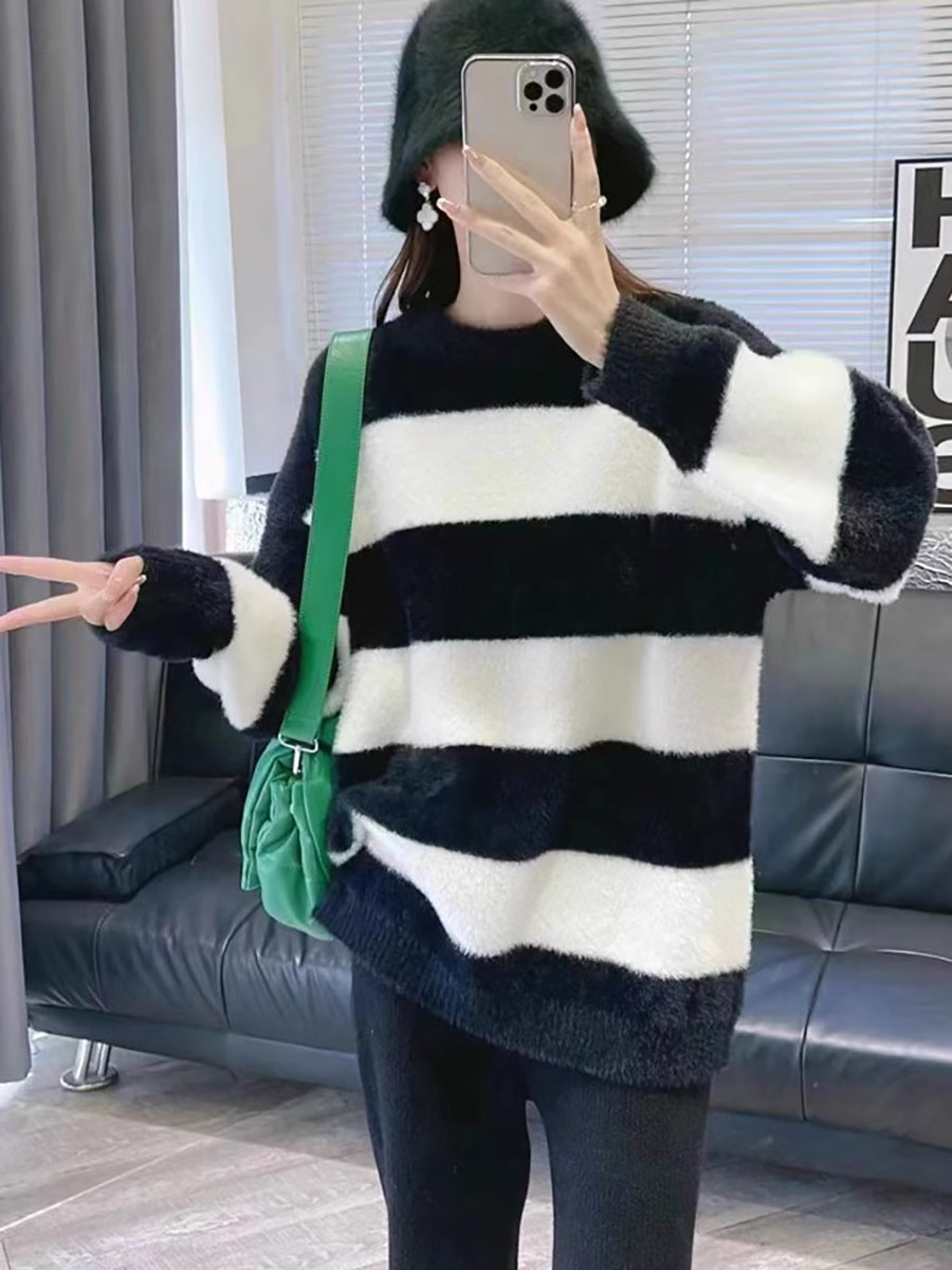 中长款仿水貂绒宽松毛衣女套头秋冬新款条纹针织打底衫外穿上衣