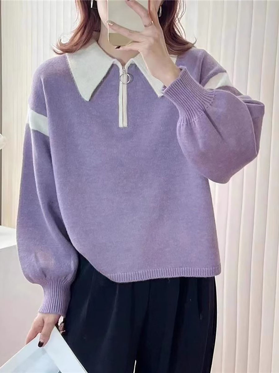 秋冬季新款娃娃领拼色提花套头针织打底衫长袖毛衣女装上衣外穿线