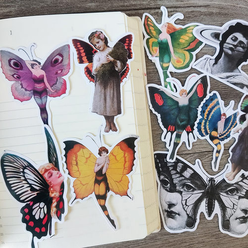 手帐复古贴纸蝴蝶精灵蝴蝶女郎日记本相册手机壳装饰拼贴素材贴画