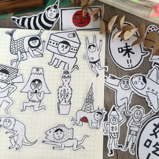 黑白简约日式 饰素材自粘贴画贴纸 搞怪头套人物贴纸手帐日记本装