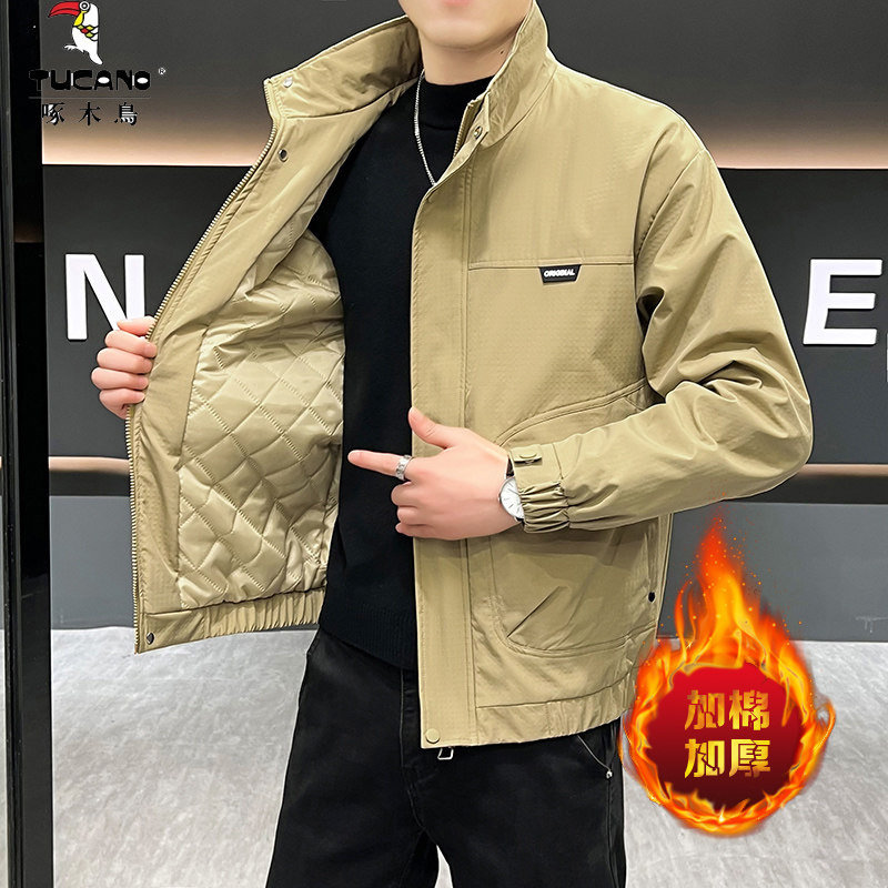 啄木鸟春秋季新款冲锋衣款薄款外套男士工装棉服青年立领加棉夹克