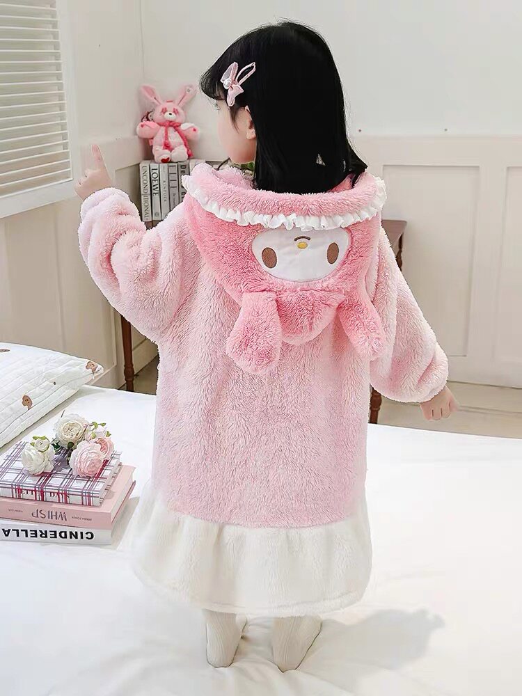 女童加厚美乐蒂睡袍儿童睡衣连帽珊瑚绒家居服秋冬季浴袍荷叶公主
