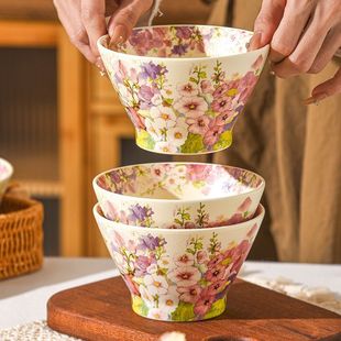 华典ins风繁花复古釉中彩斗笠碗2025新款家用吃饭碗陶瓷餐具面碗