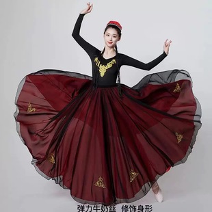 新疆舞蹈演出服新款大摆裙维吾尔族练习裙民族舞蹈维族服装双层