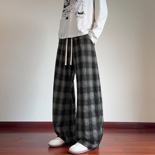 英伦雅痞毛呢格子大码弯刀裤