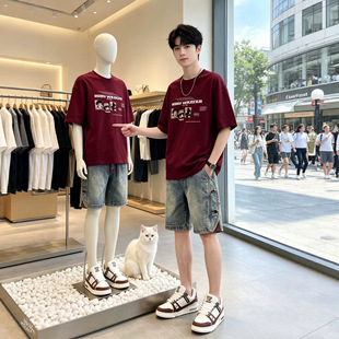 BENTIDEA 美式潮牌短袖T恤男牛仔短裤套装夏季男生宽松休闲帅气穿