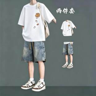 BENTIDEA 夏季潮流清爽男生短袖T恤牛仔短裤套装青少年帅气潮流