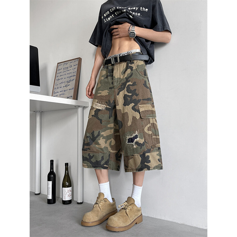 BENT IDEA 美式破洞迷彩牛仔七分裤男夏高街潮牌vibe阔腿中裤
