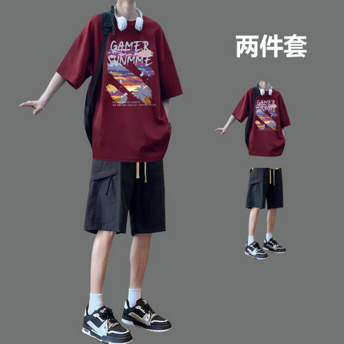 BENTIDEA 美式字母涂鸦短袖短裤T恤套装男夏季痞帅两件套青少年