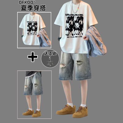 BENTIDEA 夏季初高中生男生短袖T恤牛仔短裤两件套青少年潮流学生