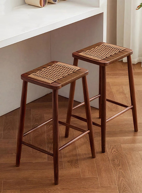 绳藤编酒吧凳实木吧椅家用高脚椅轻奢酒吧餐厅岛台椅棉麻靠背椅子