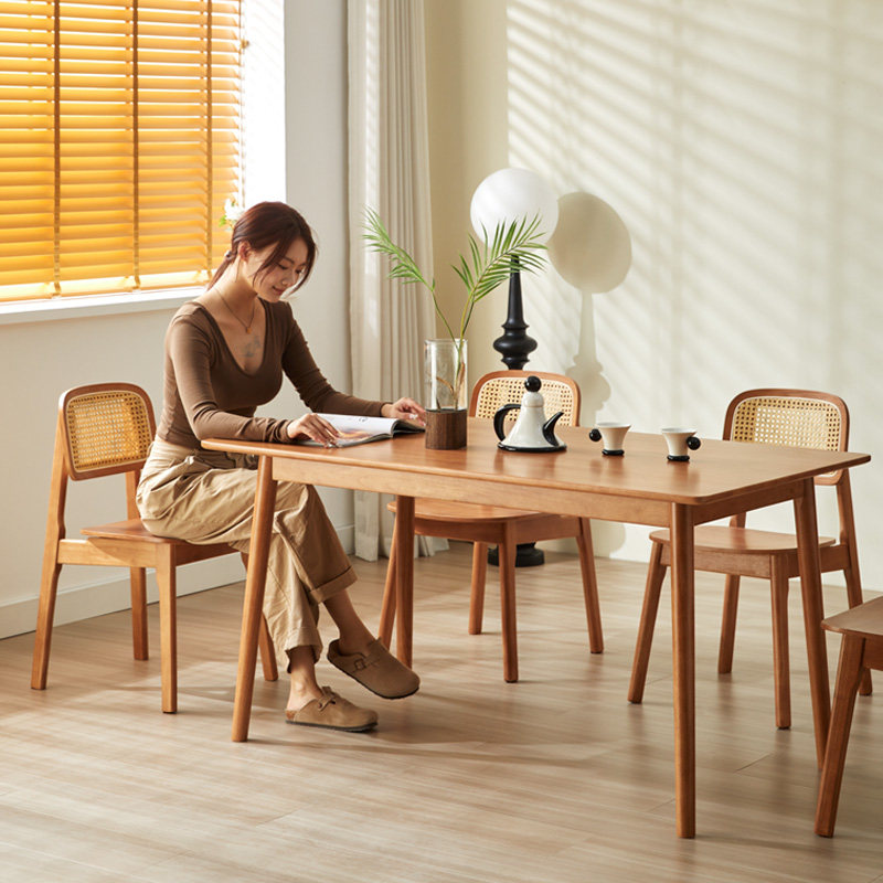 实木北欧餐桌椅饭桌家用小户型现代简约餐厅藤编桌椅一桌四椅组合
