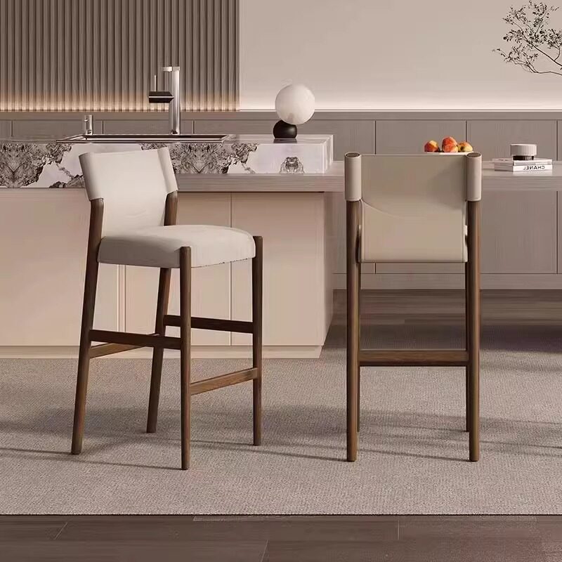 家用高脚椅马鞍皮吧椅中古风实木吧台椅岛台前台椅靠背椅子酒吧椅