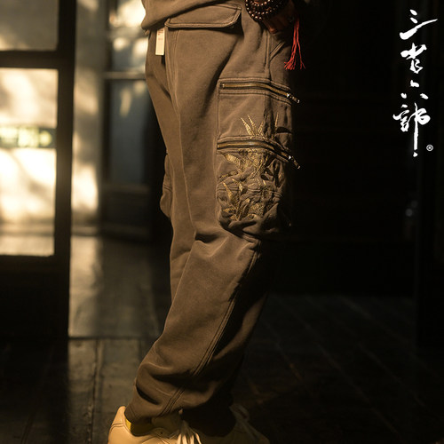 三省六部中国风竹叶刺绣水洗卫裤