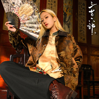 三省六部翻领春秋宽松提花衬衫