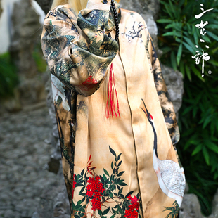 三省六部·户部【蓬莱】春季中国风满身印花仙鹤男士立领长袖衬衫