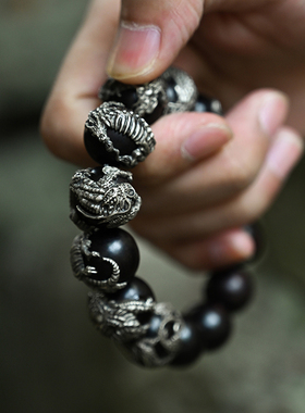 三省六部小叶紫檀中国风银饰手串