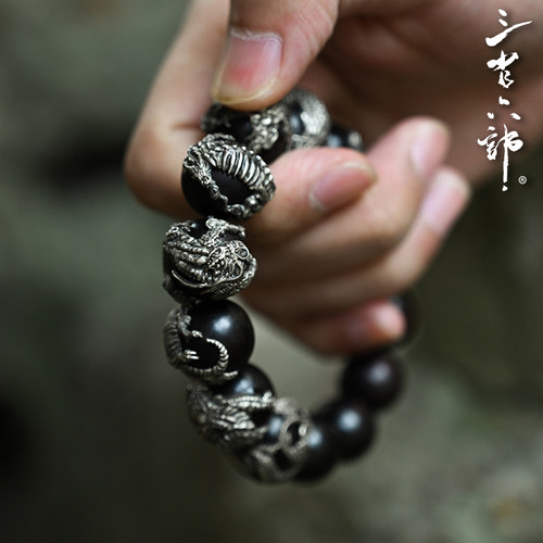 三省六部小叶紫檀中国风银饰手串