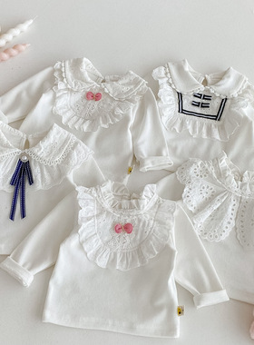 2025女宝宝白色T恤打底衫上衣秋款婴幼儿童翻领上衣蕾丝花边衬衣