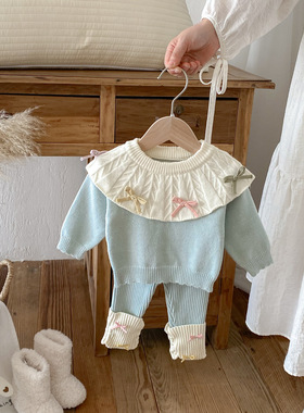 2025秋冬新款婴幼儿针织套装女宝宝娃娃领蝴蝶结上衣打底裤两件套