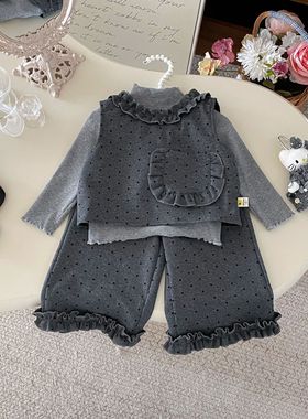 2026女童春装套装新款女宝宝春季洋气圆点时髦儿童早春穿搭三件套