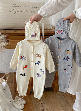 25秋季衣服婴幼儿连体衣女宝宝超萌满月百天针织爬服外出哈衣连帽