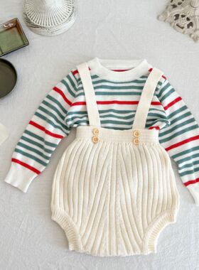 2023秋季新款婴幼儿坑条背带裤女宝宝针织连体包屁衣白色吊带哈衣