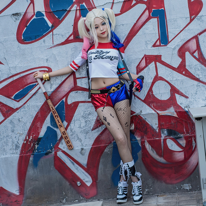 自杀小队小丑女cos服装 哈莉·奎茵T恤短裤棒球棍全套HarleyQuinn