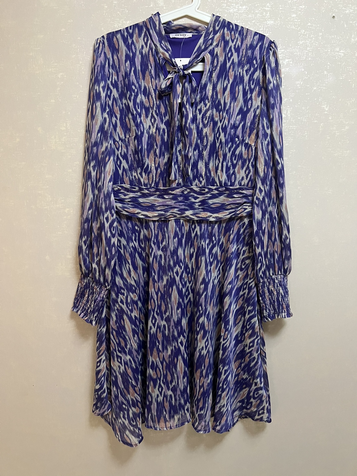 欧美orsay 40码 雪纺连衣裙 小v领系带 高品质优雅女士长袖连衣裙