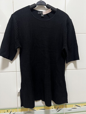 美国单 ann 坑条半袖针织衫 优雅荷叶下摆 春秋款 女上衣 圆领t恤