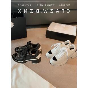 熊猫拼色德训老爹鞋 女春新款 增高7cm真皮小香风运动休闲鞋 软牛皮