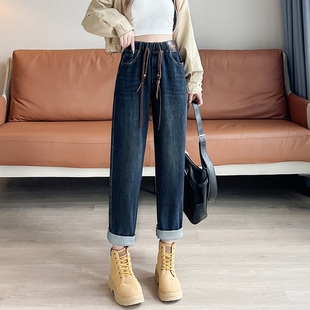 胖mm显瘦萝卜老爹裤 大码 女2025春秋冬新款 松紧高腰加绒哈伦牛仔裤