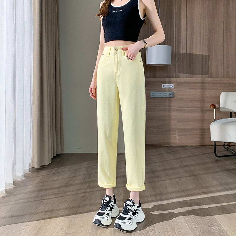 浅黄色哈伦牛仔裤女春夏薄2026新款高腰宽松小个子胖mm萝卜老爹裤
