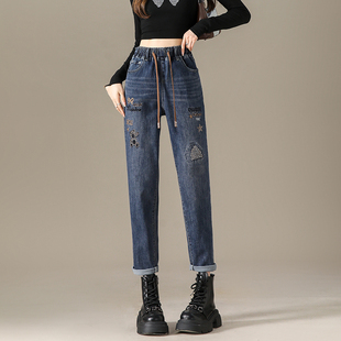 胖mm萝卜老爹裤 2025年宽松小个子大码 女春秋款 松紧高腰哈伦牛仔裤