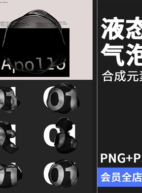 黑色液态玻璃气泡失真抽象变形水滴PSD模板PNG免抠后期合成PS素材