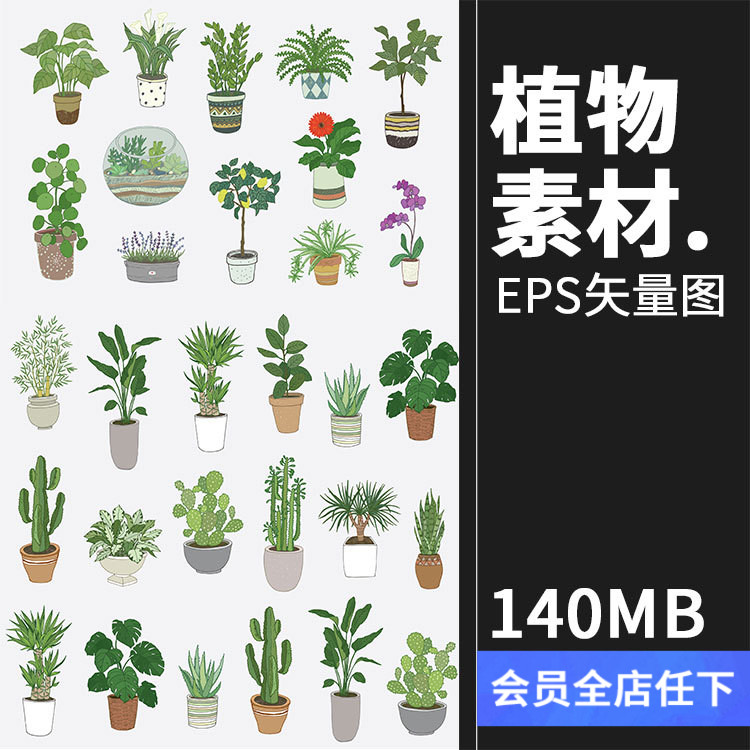 文艺植物绿色黑白线稿仙人掌盆栽水彩手绘手账插画AI矢量素材合集