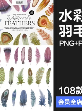 波西米亚乡村水彩优雅羽毛插图无缝拼接图案插画PNG免抠图片素材