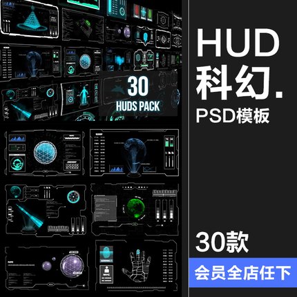 科幻未来赛博朋克HUD屏幕仪表盘数据图表分析UI界面PSD模板PS素材