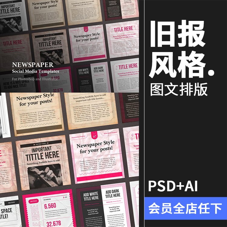 旧报复古发黄报纸风格图文排版文字宣传海报psd模板ai矢量素材