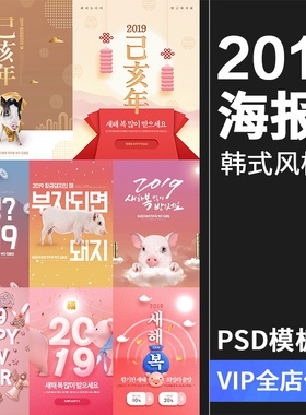 2019猪年韩风新年简约时尚漂亮海报广告背景PSD模板PS设计素材