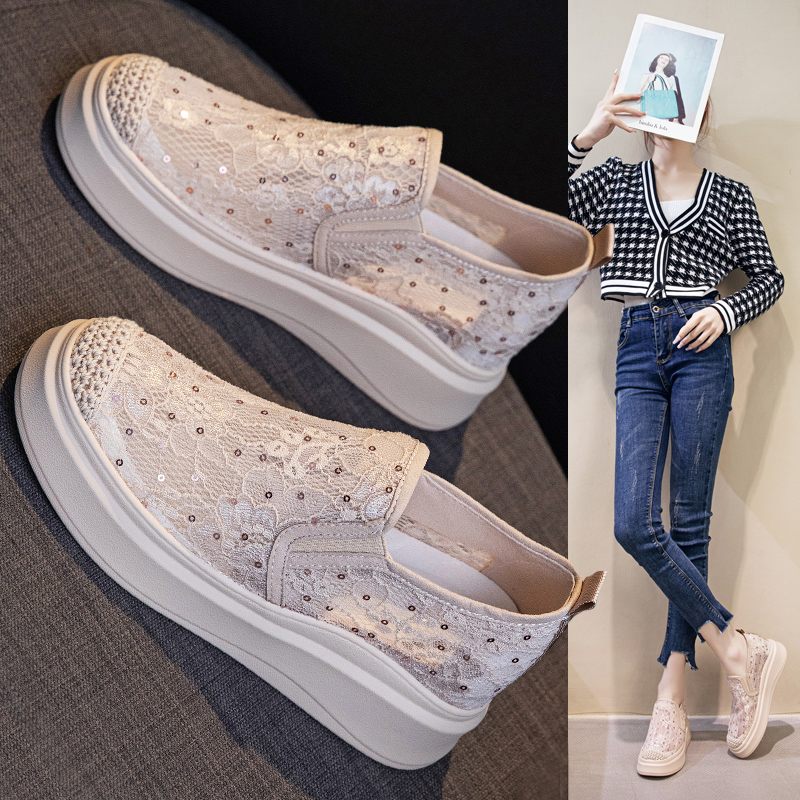 渔夫鞋女夏2025新款内增高乐福鞋蕾丝网面透气小香风一脚蹬懒人鞋